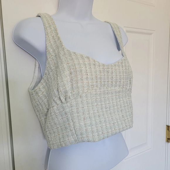 NWOT Zara Green Cream Tan Tweed Textured Side Zip Cropped Tank Top L - Picture 3 of 9